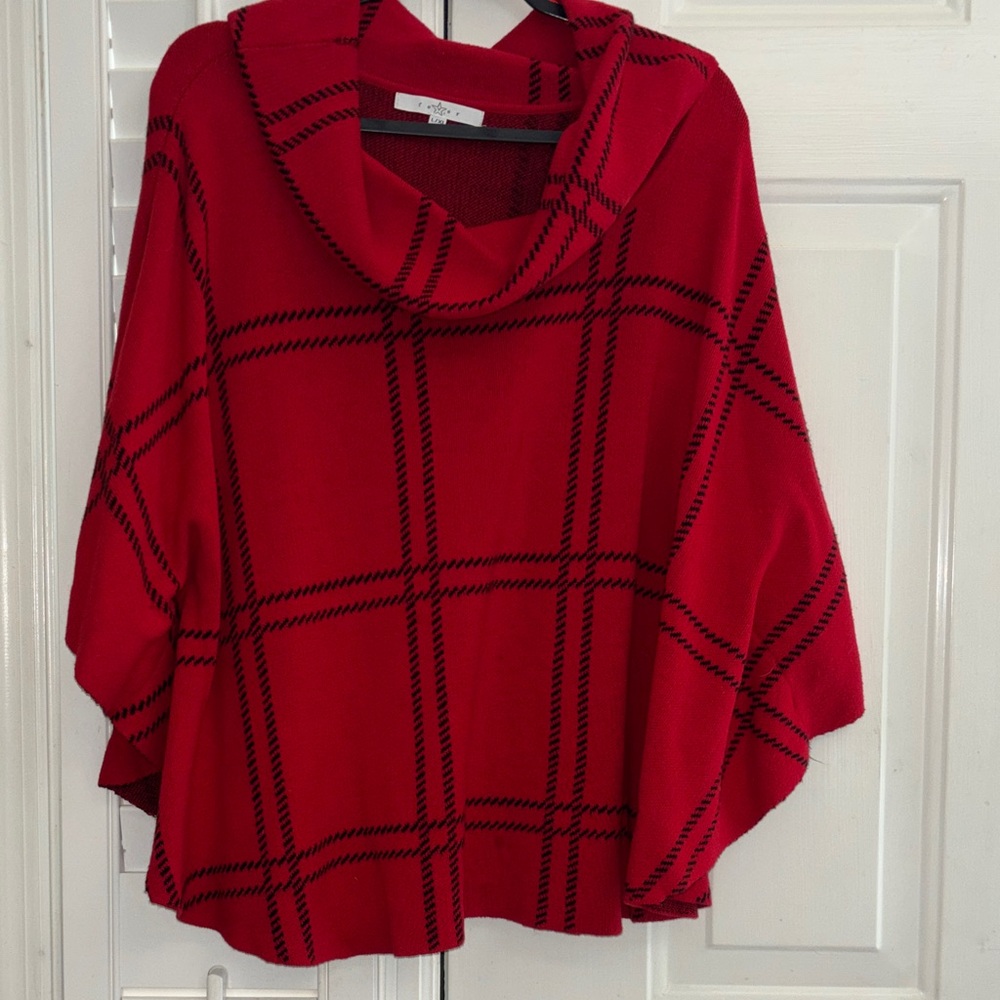 Fever Red and Black Plaid woman’s Poncho Sweater large